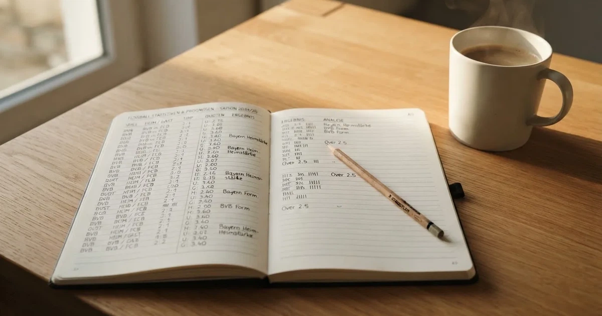 Handschriftliche Zahlenkolonnen in einem Notizbuch, daneben ein Bleistift und eine Tasse Kaffee auf hellem Holz.