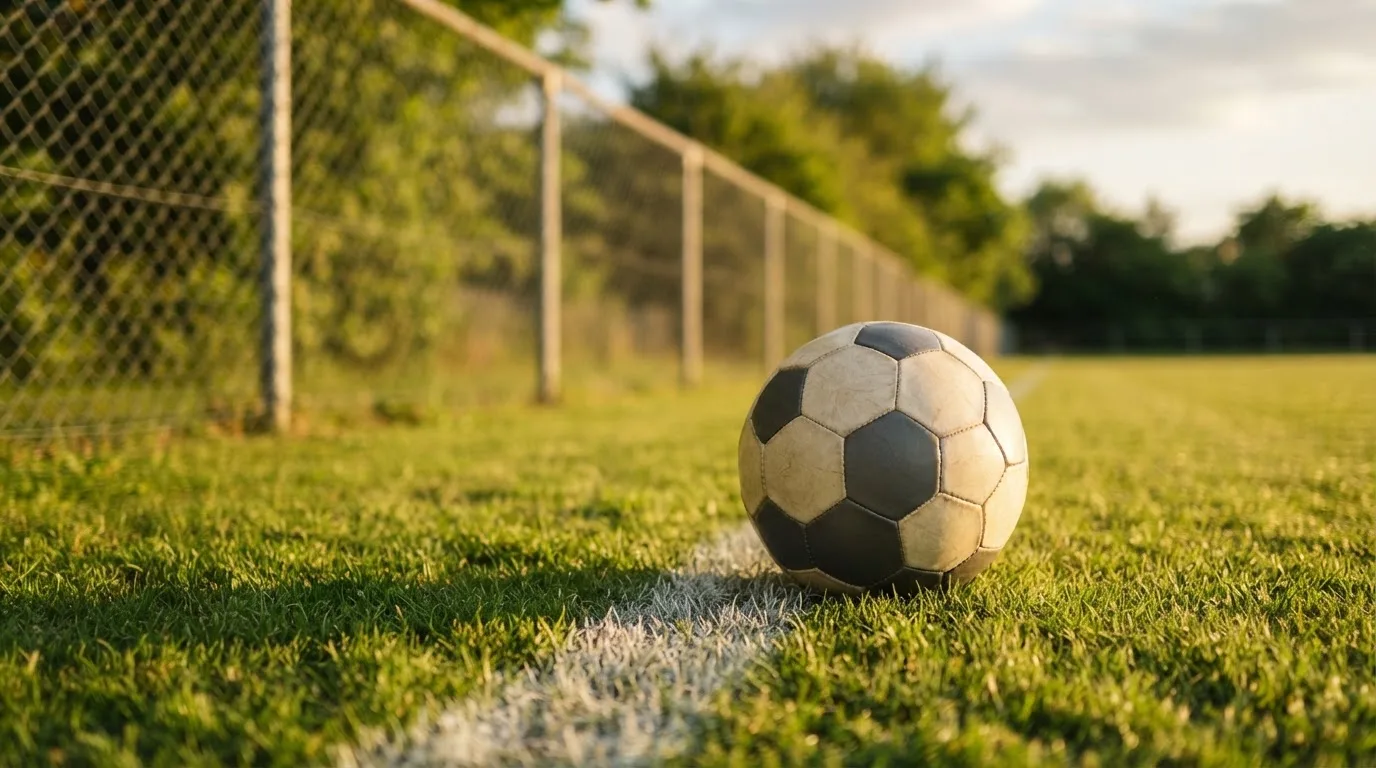 Ein Fußball liegt am Rand eines Rasens neben einer weißen Linie, im Hintergrund ein Zaun in der Abendsonne.