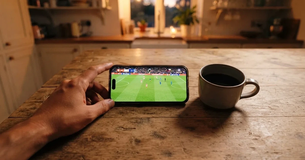 Ein Daumen schwebt über einem Smartphone mit dunklem Display, das auf einem Küchentisch neben einer Tasse liegt.