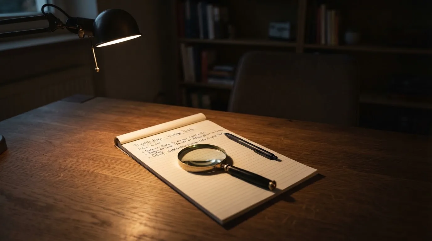 Ein Schreibtisch mit Lupe, Kugelschreiber und einem leeren Notizblock unter einer Lampe in einem ruhigen Raum.