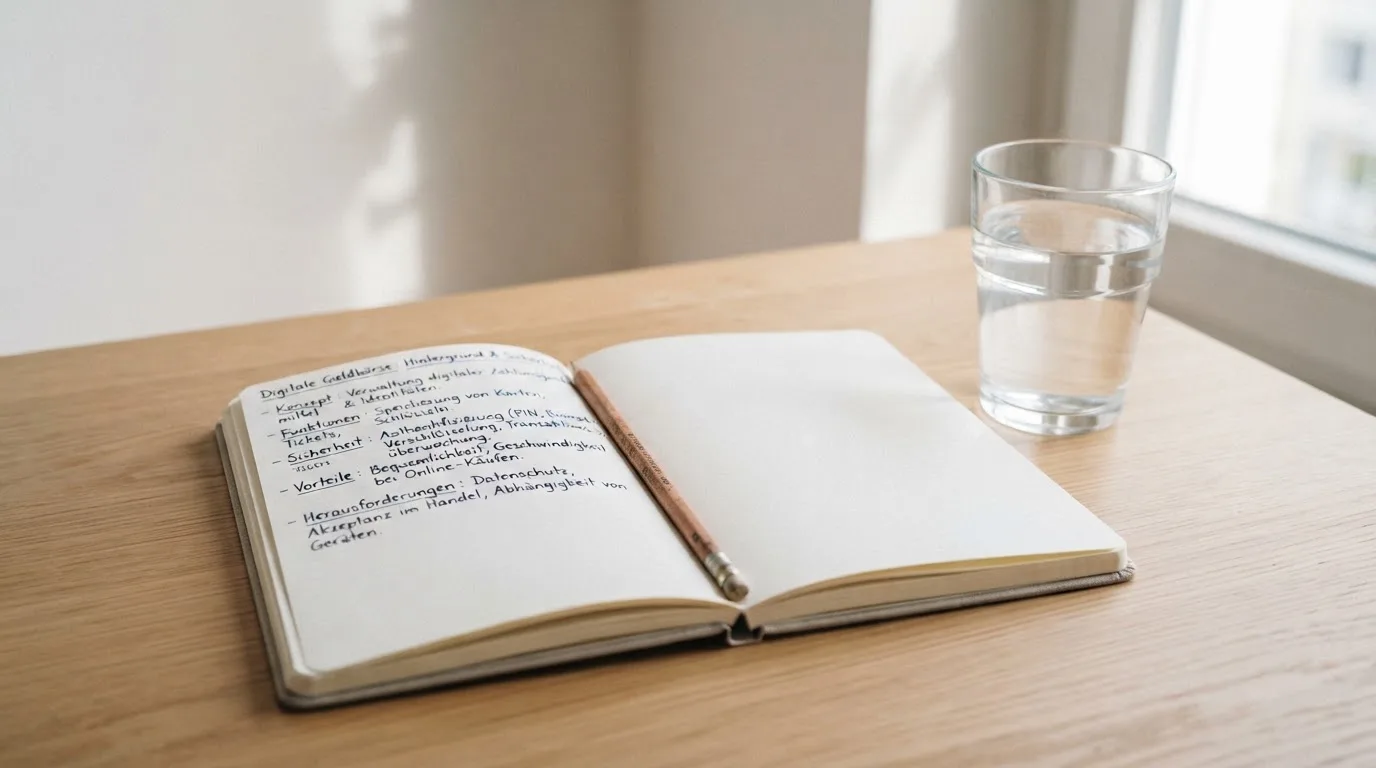 Ein Notizbuch und ein Bleistift liegen neben einem Glas Wasser auf einem hellen Tisch.