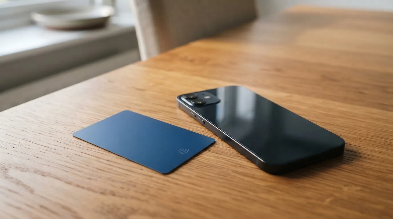 Eine Bankkarte ohne Aufdruck liegt neben einem Smartphone mit dunklem Display auf einem Holztisch.