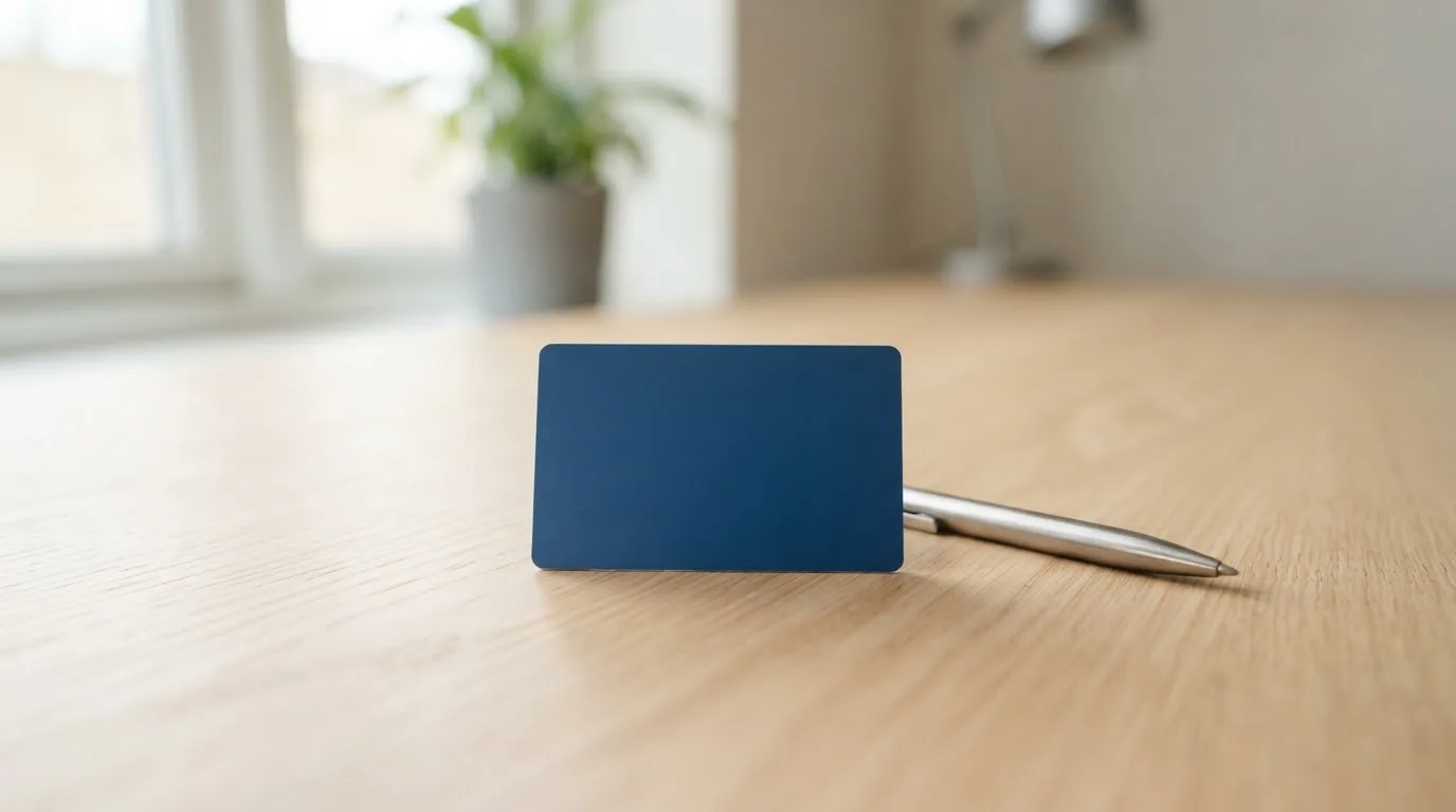 Eine Bankkarte ohne Aufdruck liegt neben einem Kugelschreiber auf einer Arbeitsplatte aus hellem Holz.