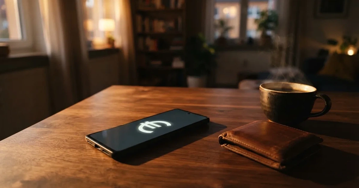 Ein Smartphone mit dunklem Display liegt auf einem Tisch neben einer Geldbörse und einer Tasse Kaffee.
