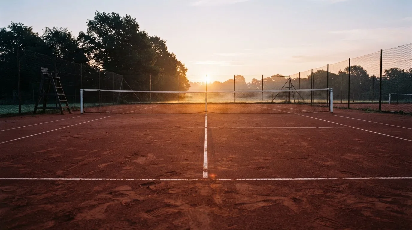 Ein Tennisplatz aus Sand bei Sonnenaufgang, das Netz im Gegenlicht, kein Mensch zu sehen.