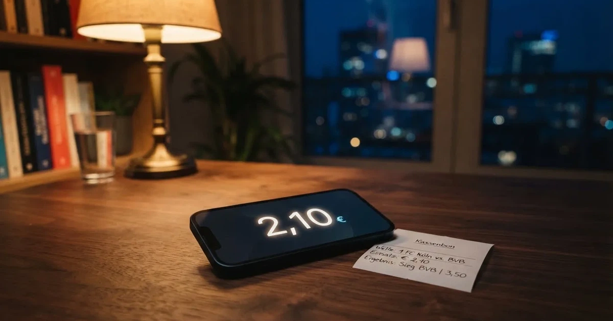 Eine einzelne goldfarbene Münze ohne Prägung liegt auf einem dunklen Tisch, daneben ein ausgeschaltetes Smartphone.
