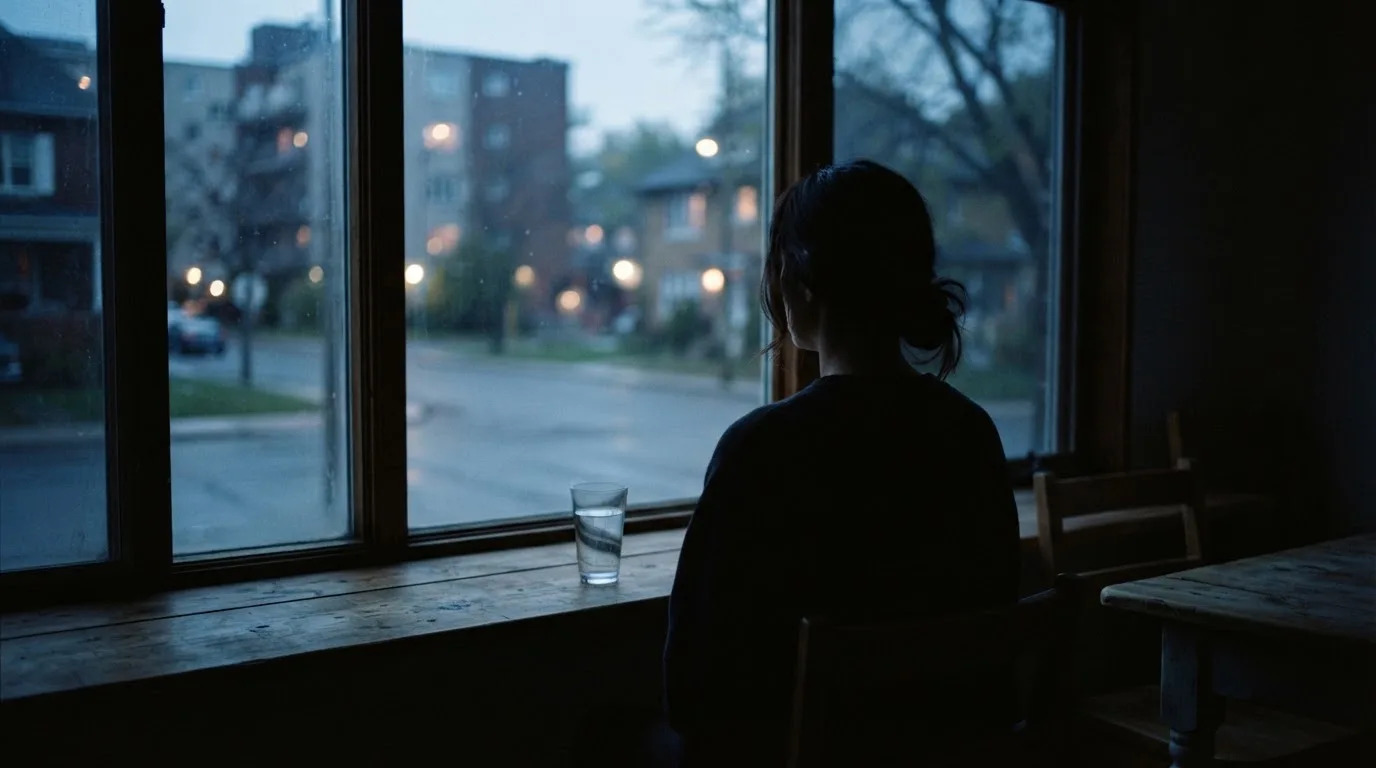 Die Silhouette einer Person sitzt am Abend am Fenster und blickt auf eine Straße, auf dem Fensterbrett steht ein Glas Wasser.