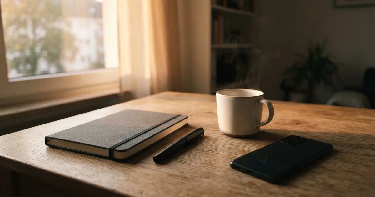 Ein Holzschreibtisch im Morgenlicht mit geschlossenem Notizbuch, Kugelschreiber und Kaffeetasse, daneben ein Smartphone mit dunklem Bildschirm.