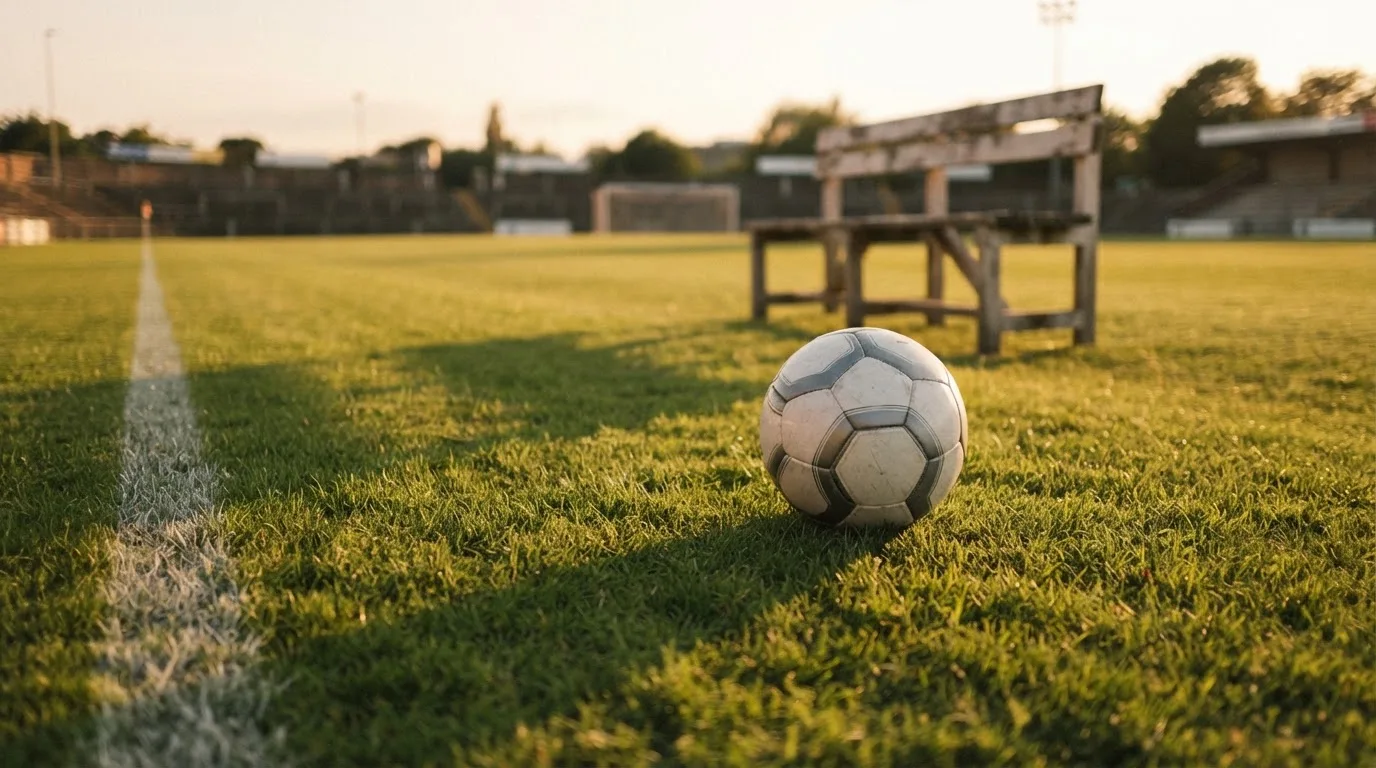 Ein Fußball auf einem Rasenplatz im Gegenlicht der tiefstehenden Sonne, am Spielfeldrand eine leere Ersatzbank.