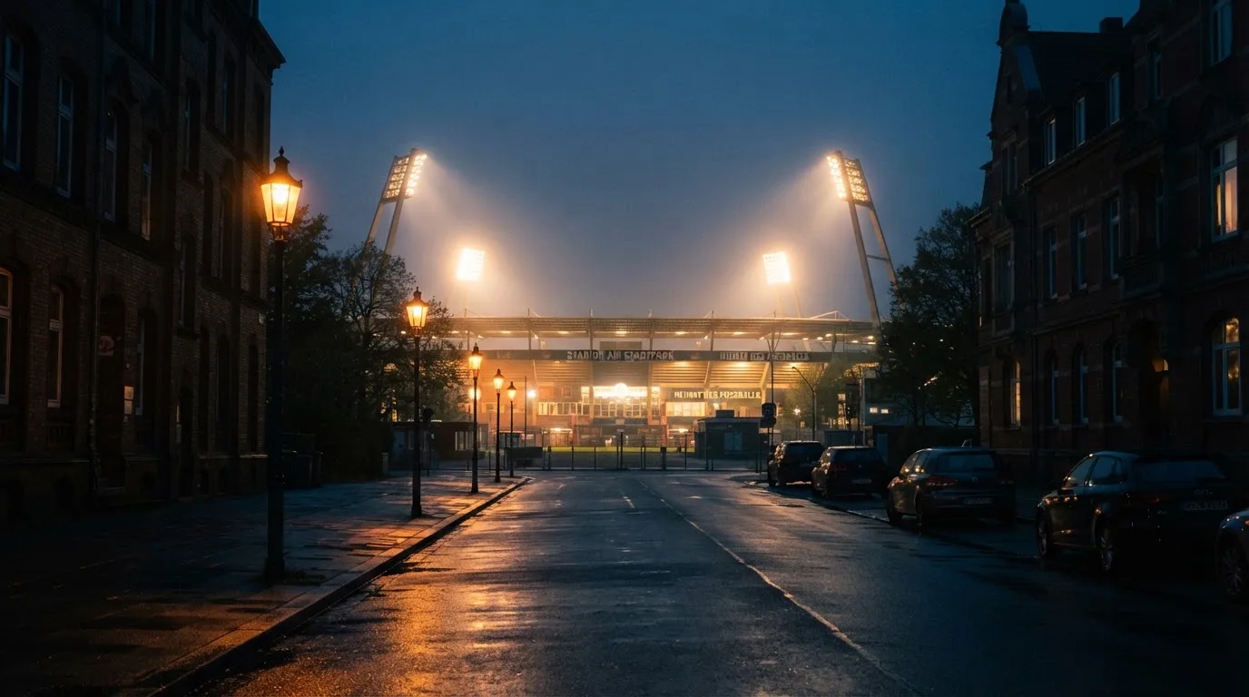 Ein Stadion unter Flutlicht aus der Ferne gesehen, davor eine dunkle Straße mit Laternen und ohne Menschen.