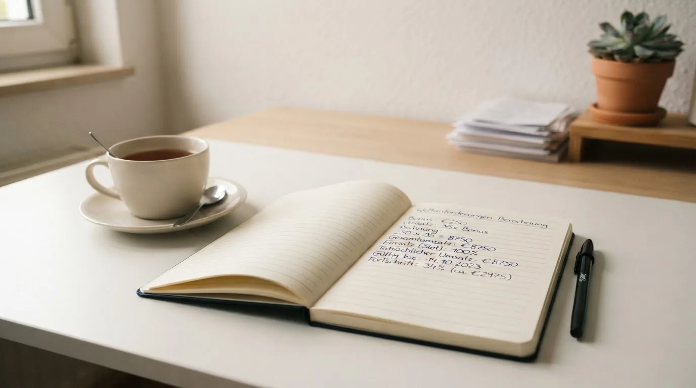 Ein Notizbuch mit handgeschriebenen Rechnungen und ein Taschenrechner auf einem hellen Schreibtisch neben einer Tasse Tee.