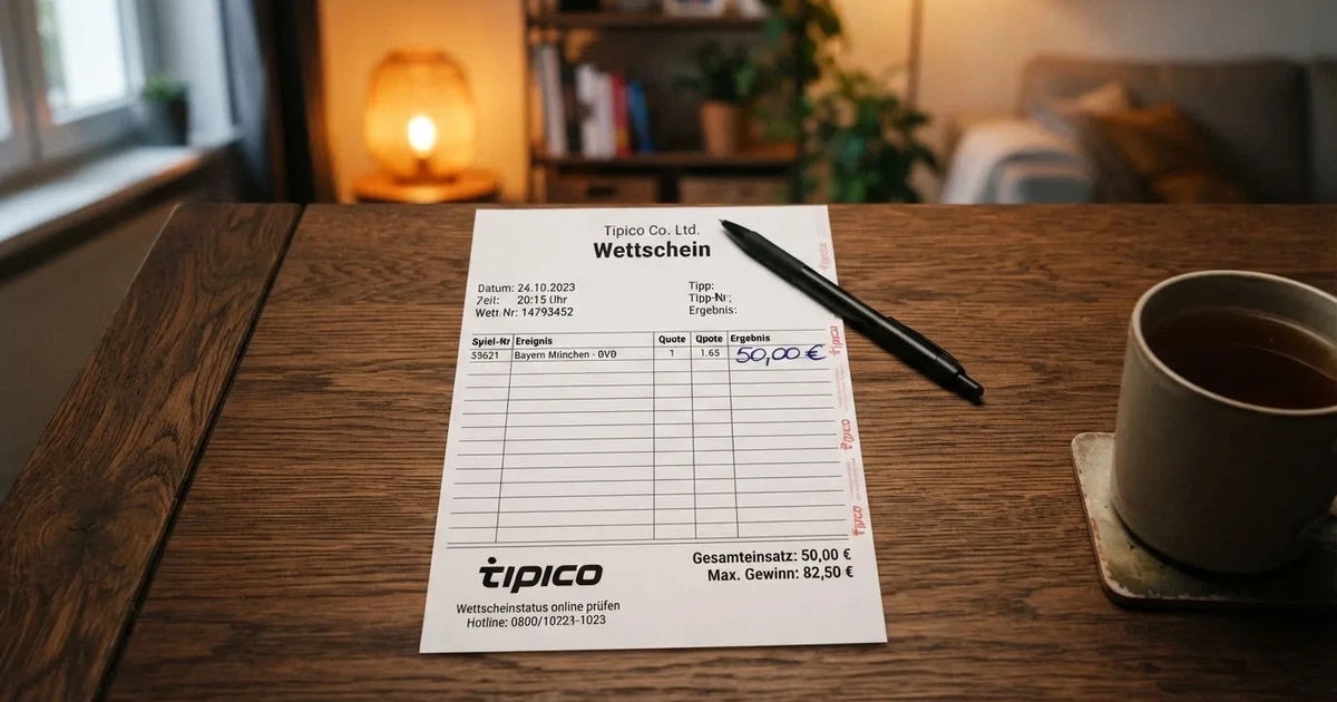 Ein leerer Papier-Wettschein und ein Kugelschreiber liegen auf einem Tisch, daneben ein kleiner Stapel Münzen.