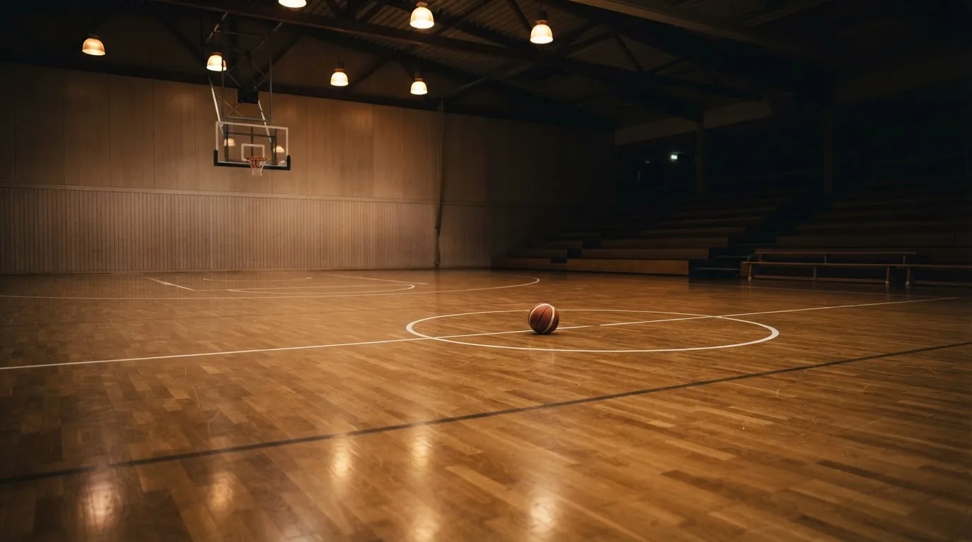 Ein Basketballfeld in einer leeren Halle, das Parkett spiegelt das Licht der Deckenlampen.