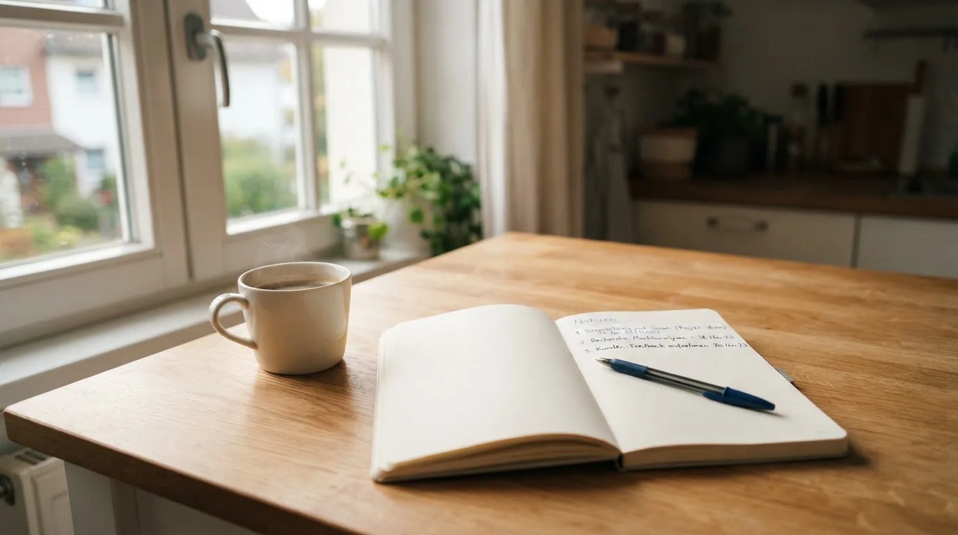 Eine Tasse Kaffee, ein Kugelschreiber und ein aufgeschlagenes leeres Notizbuch auf einem Küchentisch am Fenster.
