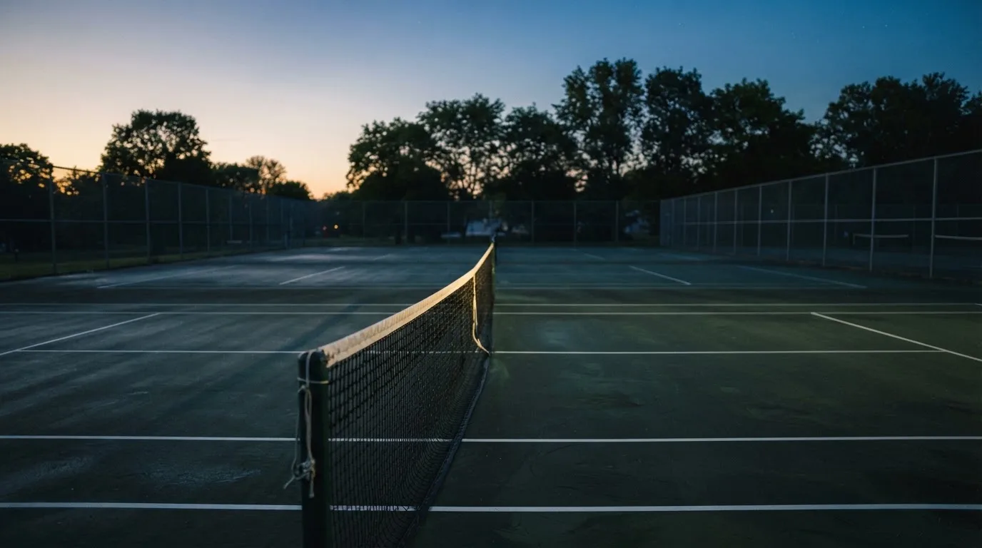 Ein Tennisplatz in der Dämmerung, Netz und Linien im Zwielicht, ohne Menschen und mit ruhigem Himmel.