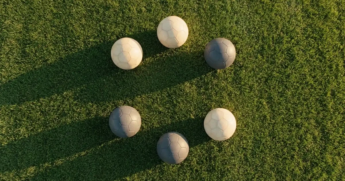 Sechs Fußbälle in einem Kreis auf einem gepflegten Rasen, von oben aufgenommen, gleichmäßiges Tageslicht.