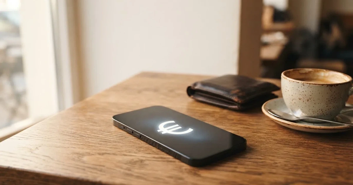 Ein Smartphone mit dunklem Bildschirm liegt auf einem Holztisch neben einem Portemonnaie und einer Kaffeetasse im Fensterlicht.