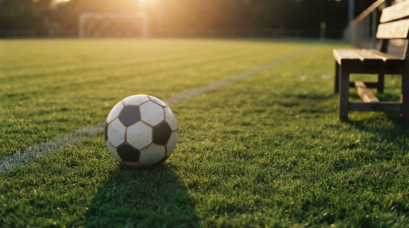 Ein Fußball auf einem Rasenplatz im Gegenlicht der tiefstehenden Sonne, am Rand eine leere Ersatzbank.
