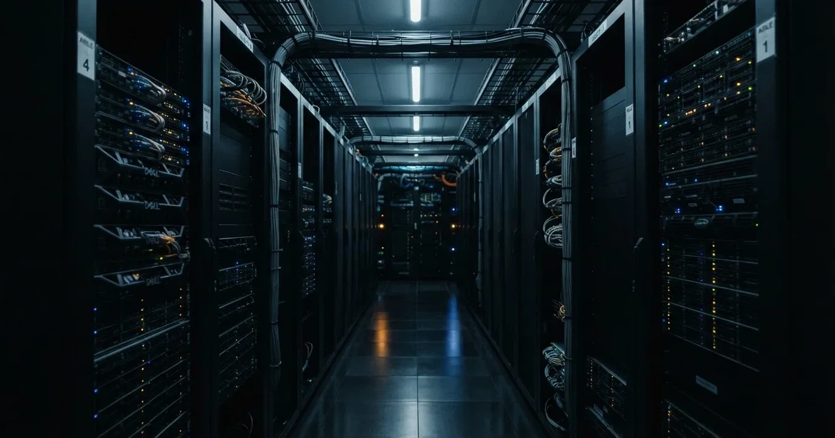Ein Serverraum mit Reihen schwarzer Schränke und blinkenden Lichtern in kühlem Licht, ohne Menschen.