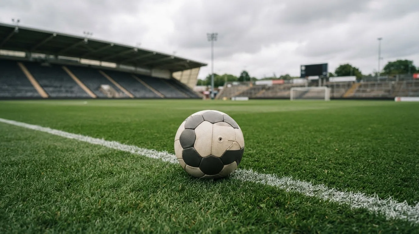 Ein Fußball auf einem Rasen, im Hintergrund ein leeres Stadion bei bewölktem Himmel.