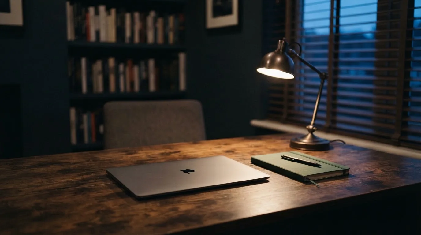 Ein Schreibtisch mit Lampe und geschlossenem Laptop in einem ruhigen Büro bei Abendlicht.