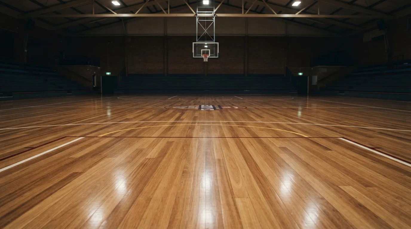 Ein Basketballfeld in einer leeren Halle, das Parkett spiegelt das Deckenlicht.