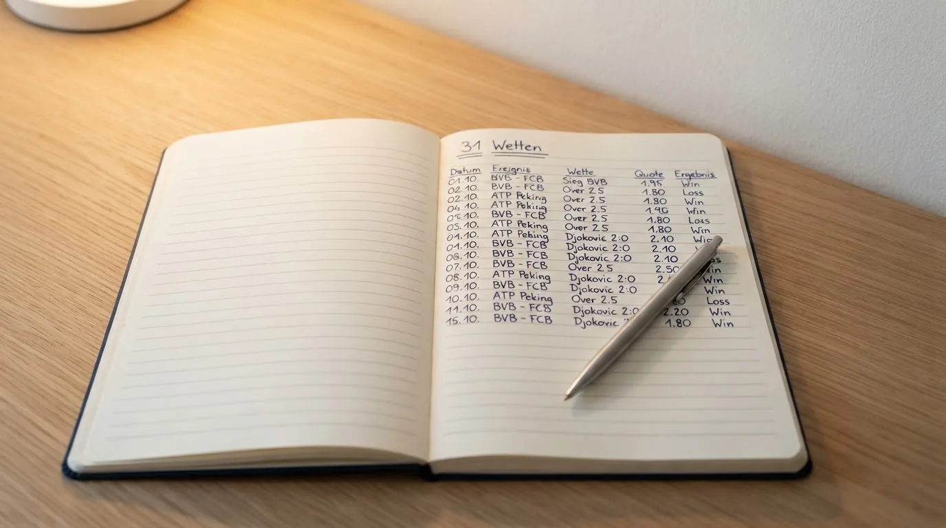Ein Taschenrechner und ein Notizbuch mit handschriftlichen Zahlenreihen auf einem Schreibtisch neben einem Kugelschreiber.