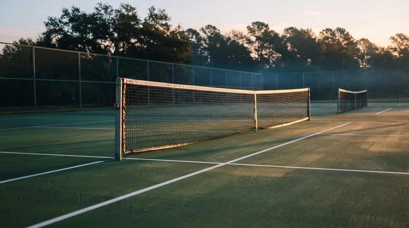 Ein Tennisplatz bei Sonnenaufgang, Netz und Linien im Streiflicht, ohne Menschen.