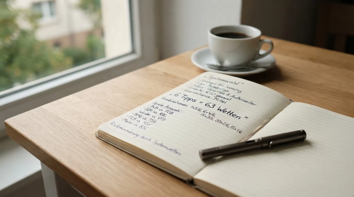 Ein aufgeschlagenes leeres Notizbuch mit Kugelschreiber neben einer Tasse Kaffee auf einem Tisch am Fenster.