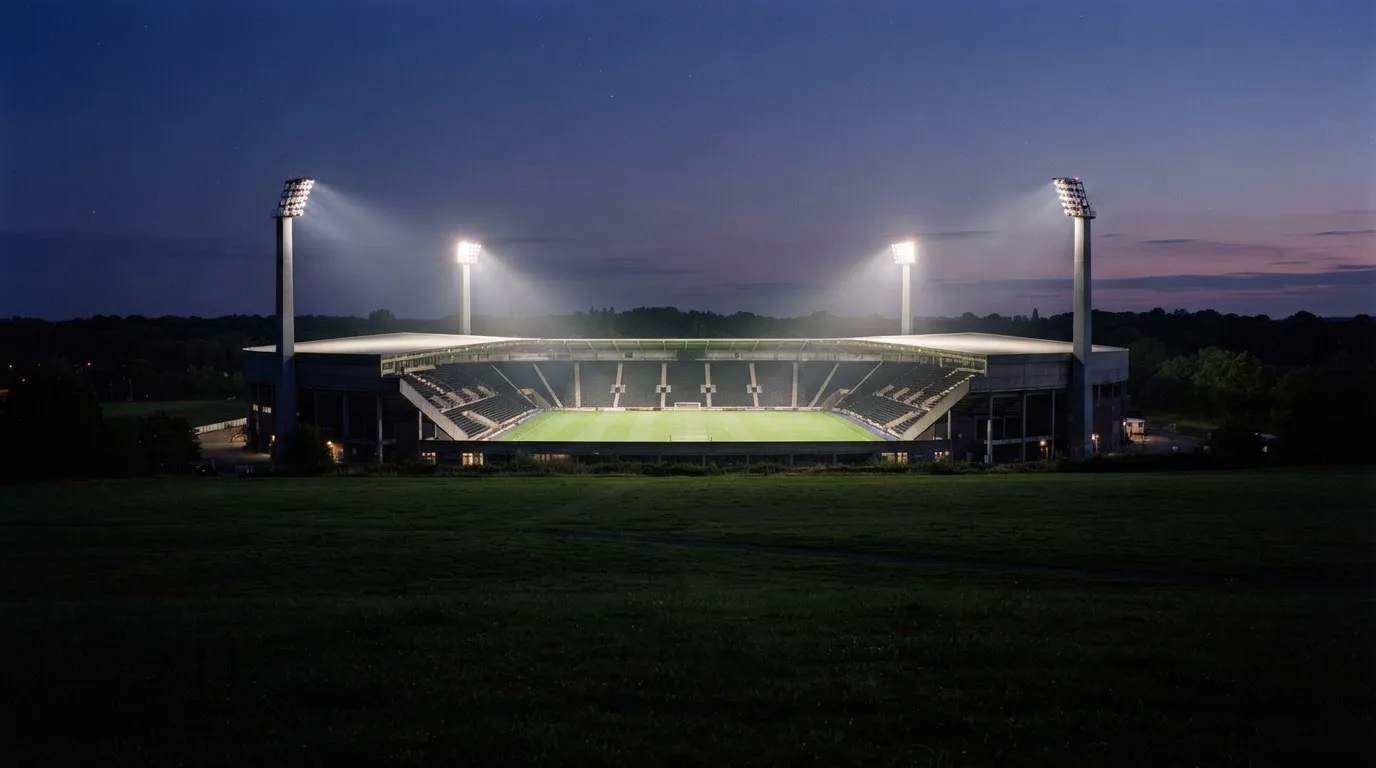 Ein Stadion unter Flutlicht aus der Ferne gesehen, im Vordergrund ein leeres Feld in der Dämmerung.