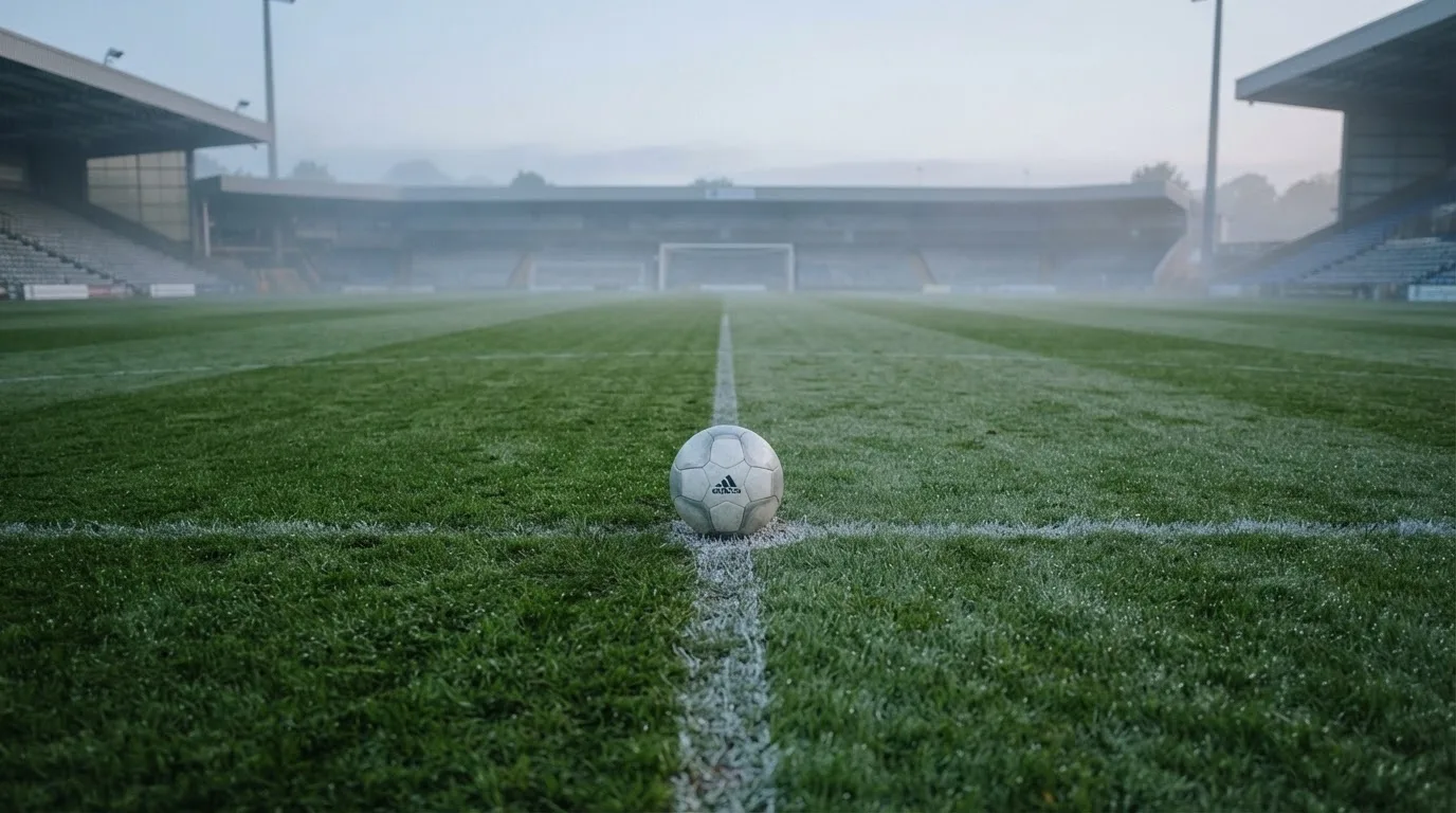 Ein Fußball liegt auf dem Anstoßpunkt eines leeren Rasenplatzes, im Hintergrund hängt Morgendunst über den Tribünen.