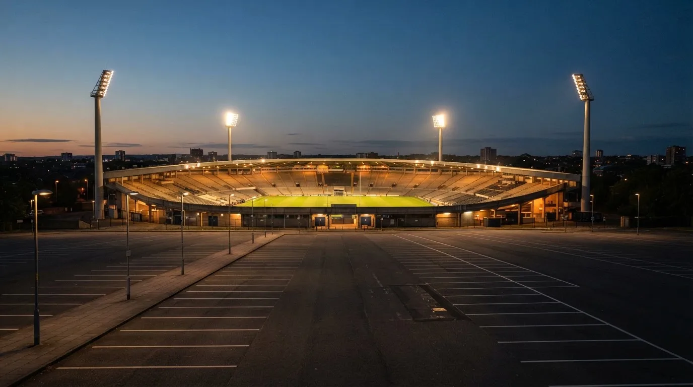 Ein Fußballstadion unter Flutlicht, aus großer Entfernung bei Einbruch der Dunkelheit gesehen, davor ein leerer Parkplatz.