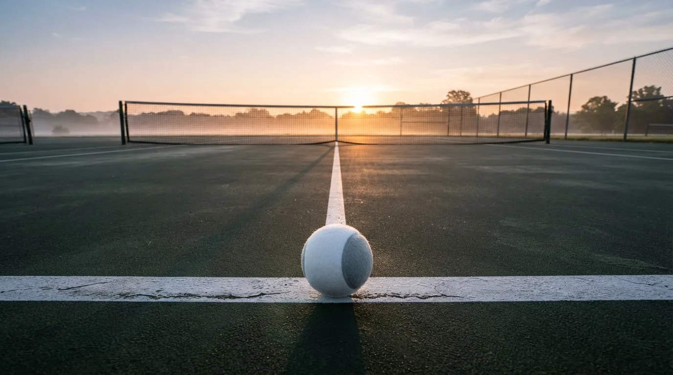 Ein Tennisplatz bei Sonnenaufgang, die Linien noch taufeucht, ein einzelner Ball liegt an der Grundlinie.