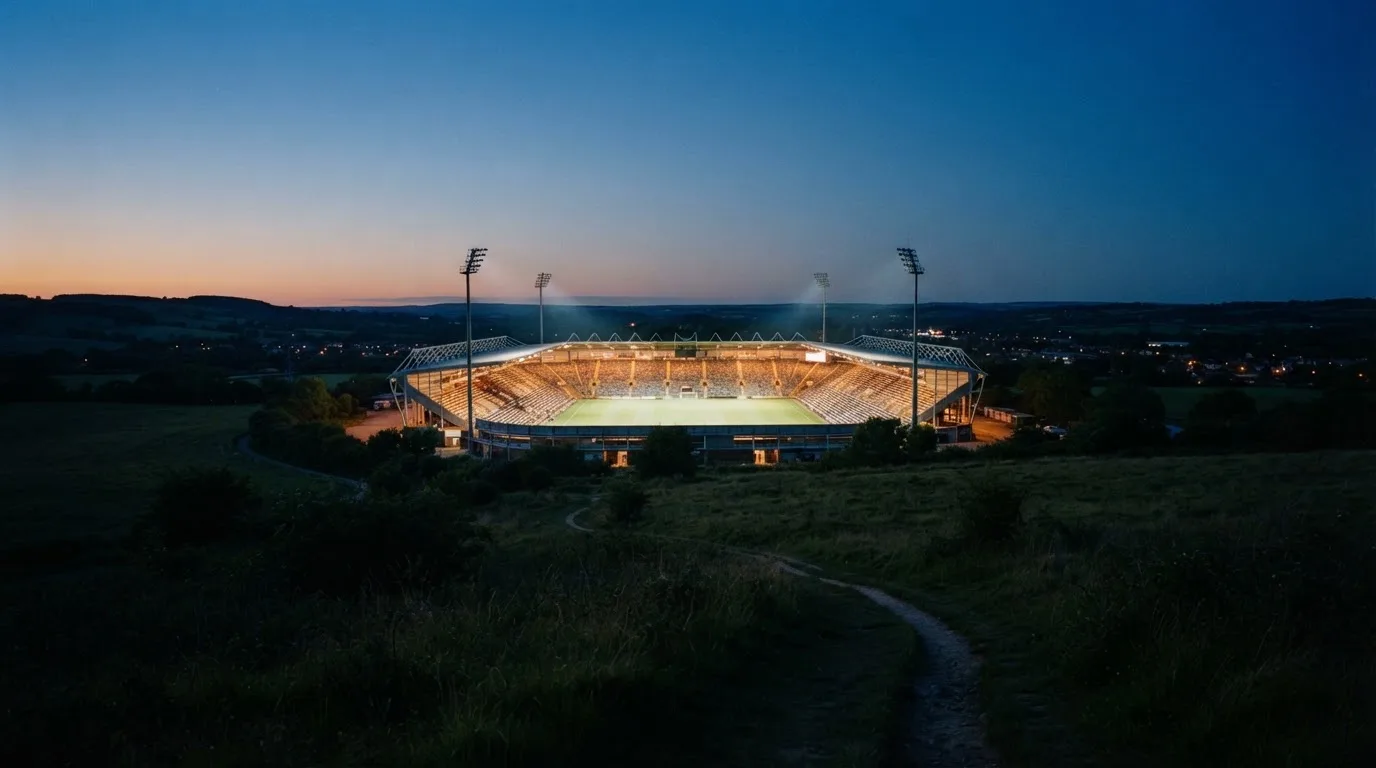 Ein leeres Stadion mit hell erleuchteten Rängen in der Abenddämmerung, von einem Hügel aus fotografiert.