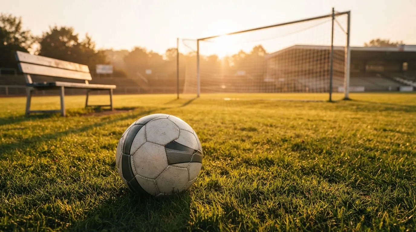 Ein Fußball liegt im Gras am Spielfeldrand, dahinter eine leere Bank und ein Tor im Gegenlicht.