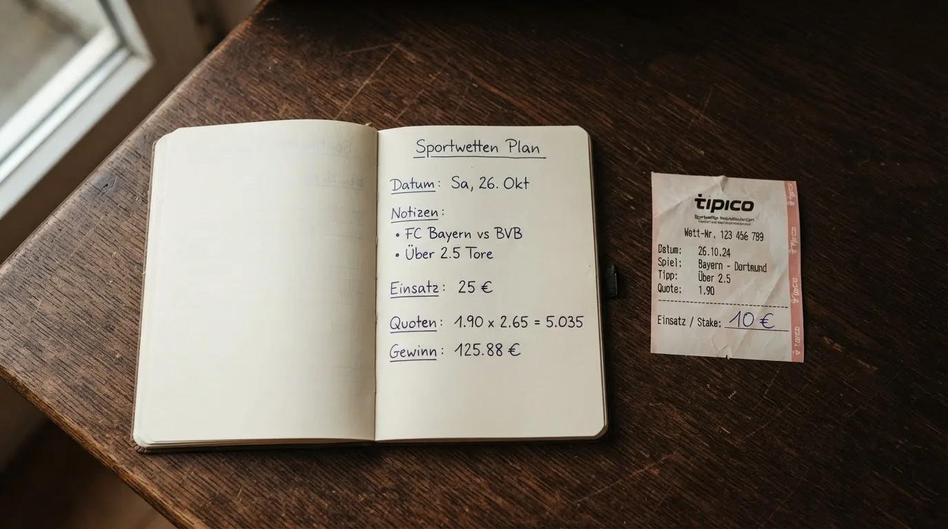 Ein Notizbuch mit handschriftlichen Notizen liegt aufgeschlagen neben einem leeren Papier-Wettschein auf einem Holztisch.