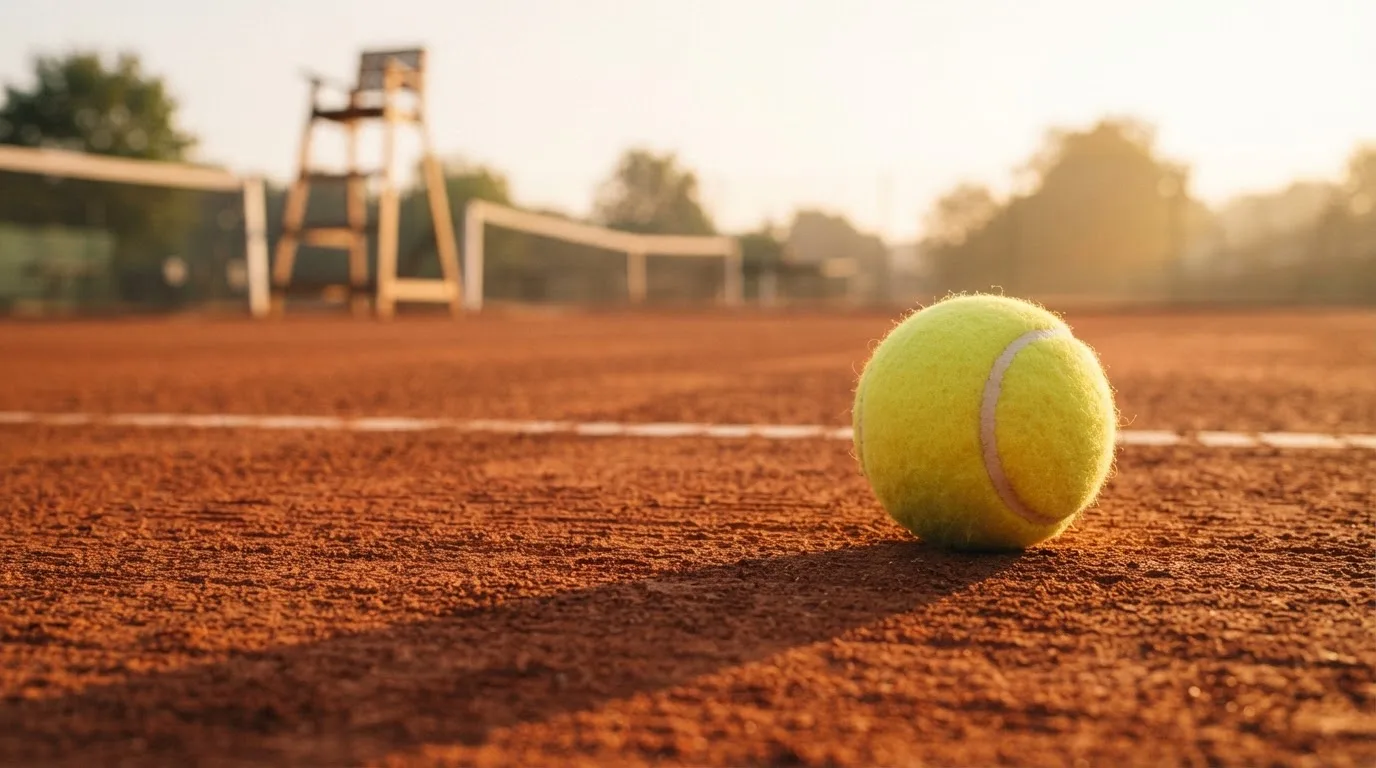 Ein Tennisball liegt auf einem roten Sandplatz bei Sonnenaufgang, im Hintergrund ein leerer Schiedsrichterstuhl.