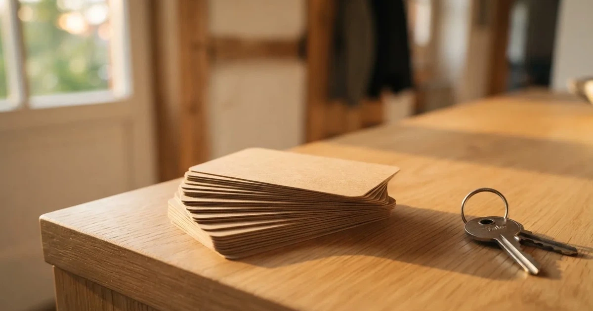 Ein kleiner Stapel unbedruckter Pappkarten liegt neben einem Schlüsselbund auf einem Tresen aus hellem Holz.