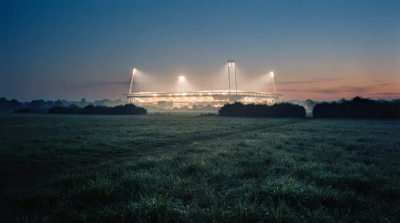 Ein Stadion unter Flutlicht aus der Ferne, davor ein stilles Feld im Dämmerlicht.