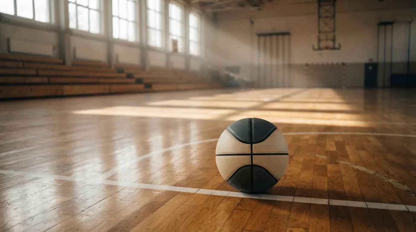 Ein Basketball liegt auf dem Parkett einer leeren Halle, Licht fällt durch hohe Fenster.