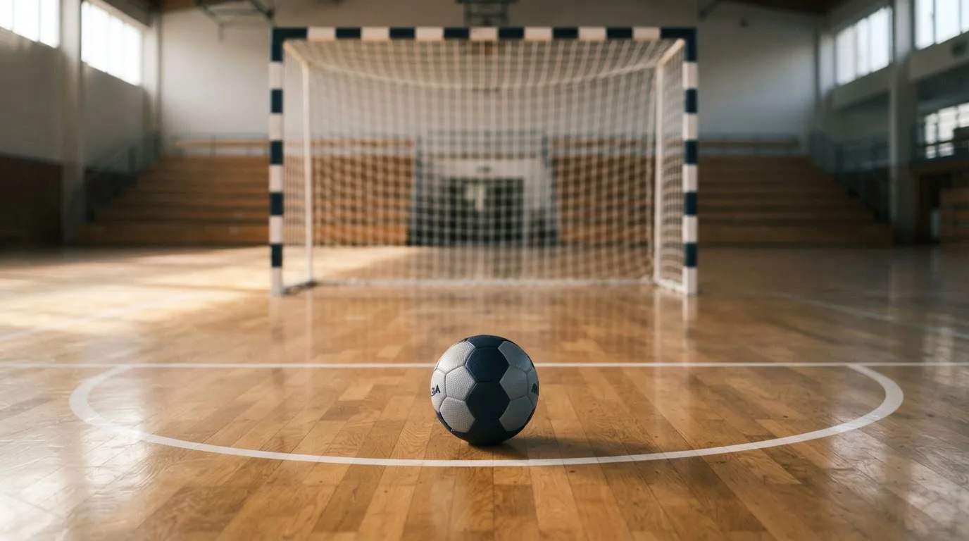 Ein Handball liegt in einer leeren Halle auf dem Boden vor dem Tor.