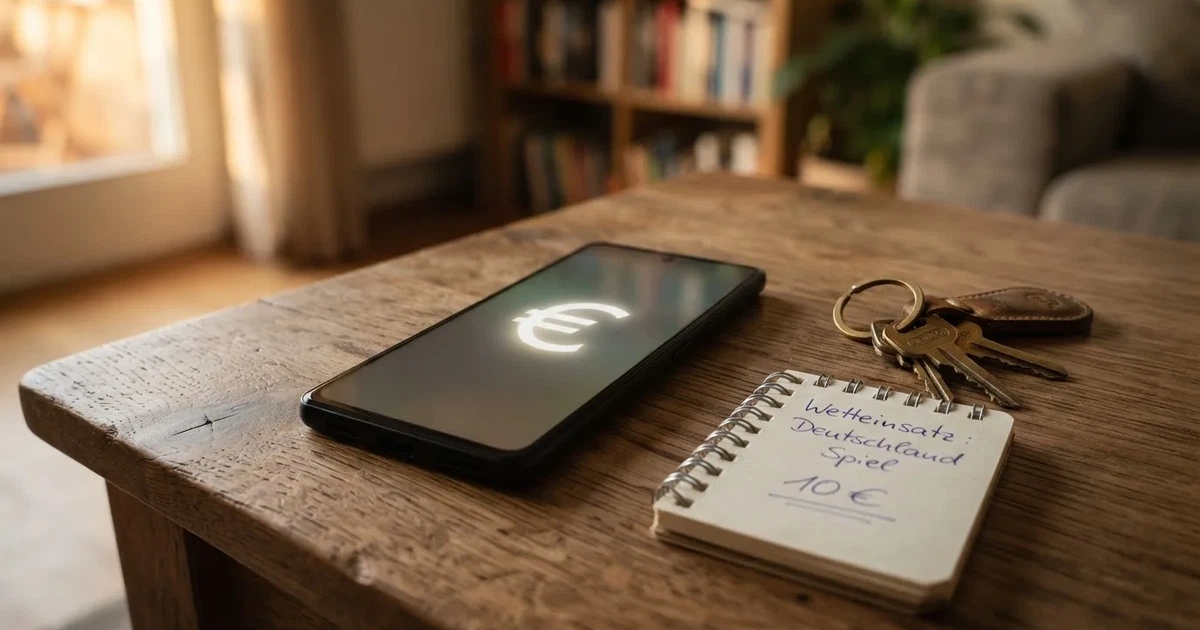 Ein Handy mit abgedunkeltem Display, ein Schlüsselbund und ein Notizblock liegen auf einem Holztisch.