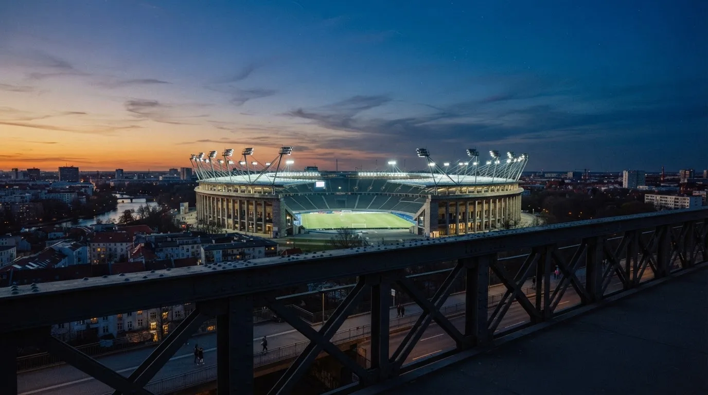 Ein Stadion bei Dämmerung mit eingeschalteten Flutlichtmasten, von einer Brücke aus aufgenommen.