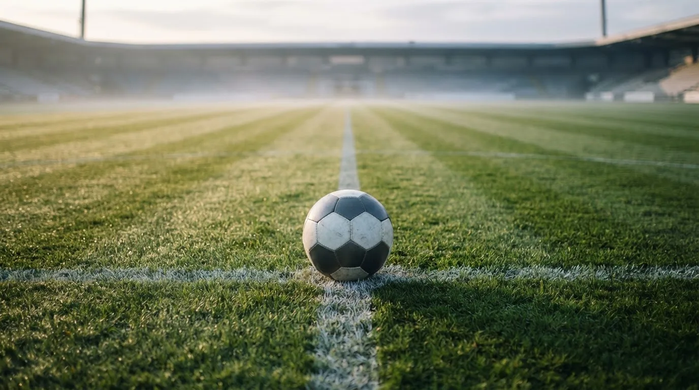 Ein Fußball liegt auf dem Anstoßkreis eines leeren Rasenplatzes im frühen Morgenlicht.