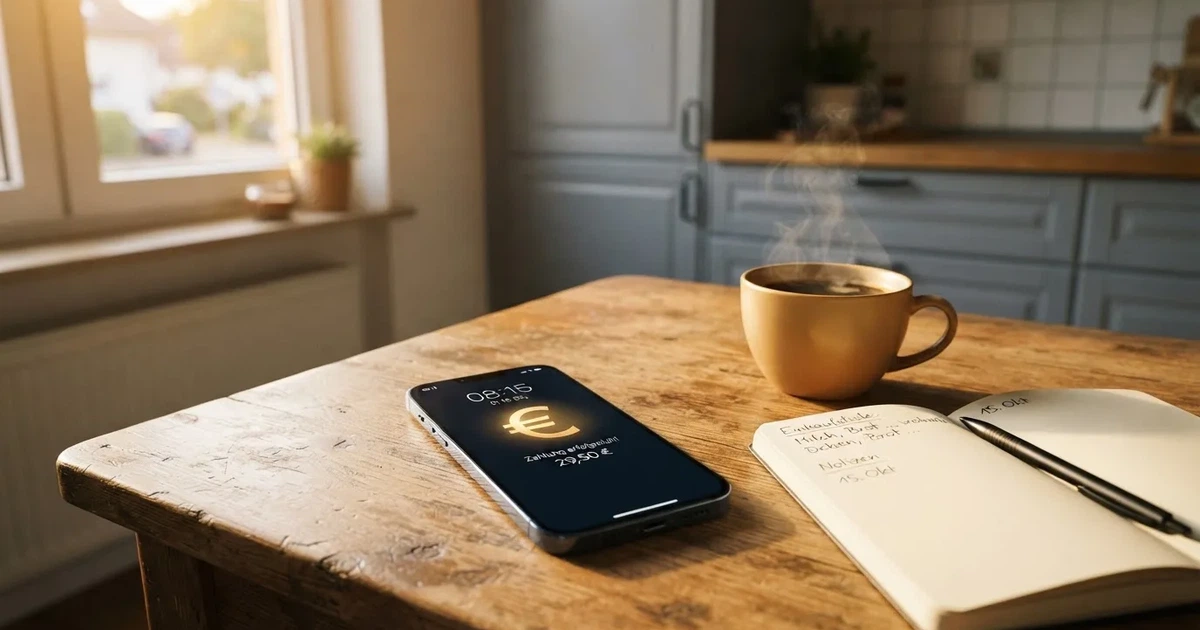 Ein Smartphone mit dunklem Display liegt neben einer Kaffeetasse und einem Notizbuch auf einem Küchentisch.