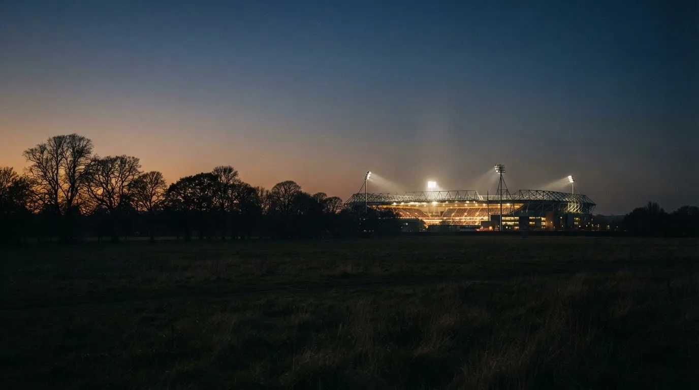 Ein Stadion unter Flutlicht aus großer Entfernung, davor die Silhouetten von Bäumen im Abendhimmel.