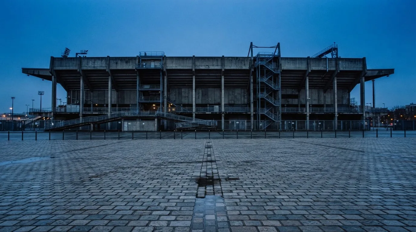Die Rückseite einer Tribüne bei Dämmerung, davor ein menschenleerer Vorplatz mit Pflastersteinen.