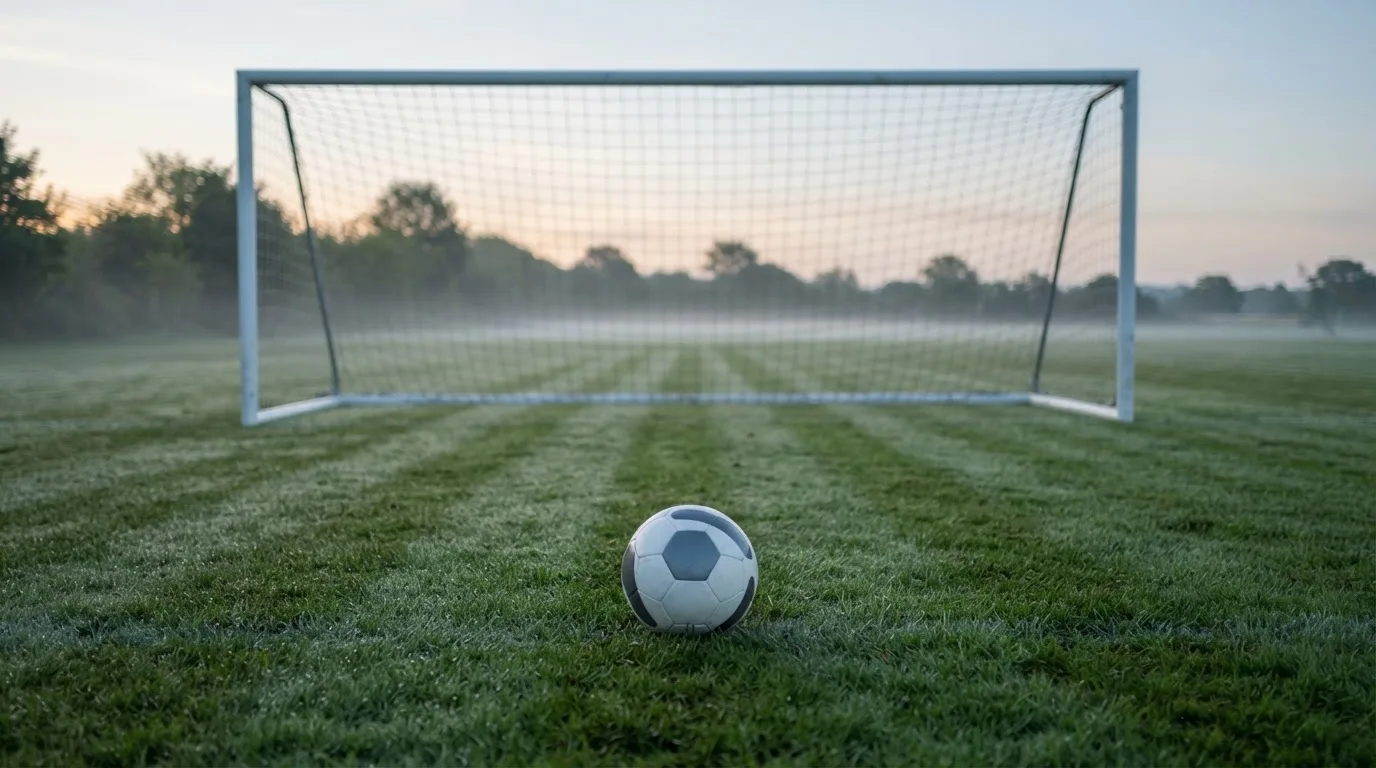Ein Fußball auf dem Rasen vor einem leeren Tor im frühen Morgenlicht.