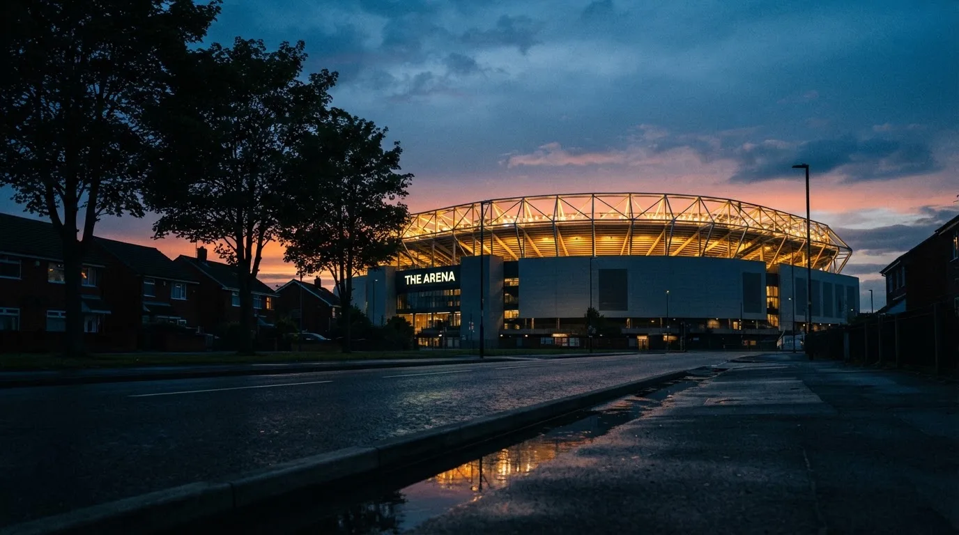 Ein Stadion aus der Ferne bei Flutlicht, davor eine ruhige Straße in der Abenddämmerung.