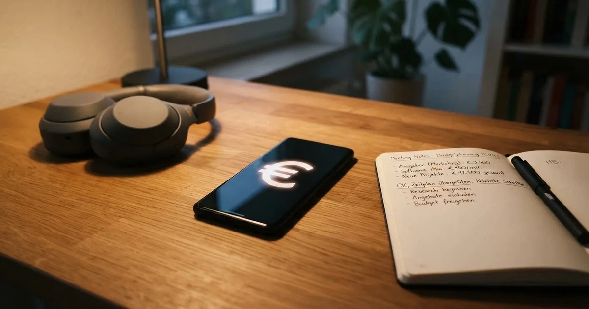 Ein Smartphone mit schwarzem Display liegt neben Kopfhörern auf einem Schreibtisch, daneben ein aufgeschlagenes Notizbuch.